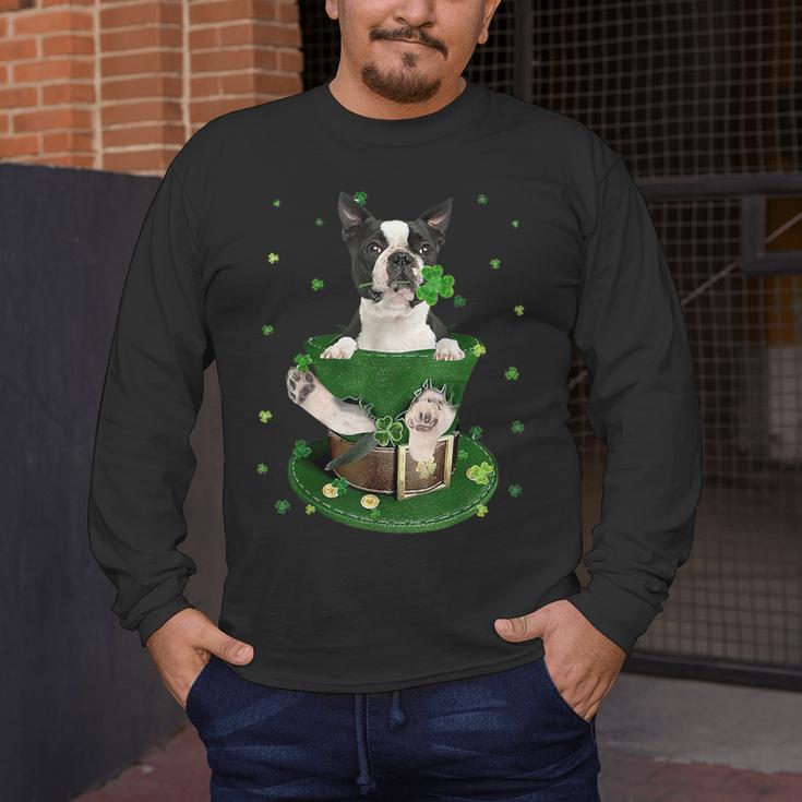 St Patrick's Day Leprechaun Boston Terrier Dog Shamrock For Men Women Kids Men's Long Sleeve T-Shirt, funny design