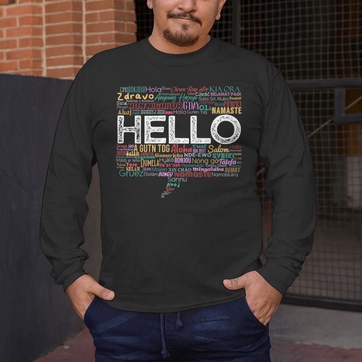 Start With Hello Different World Language Learning Teacher Men's Long Sleeve T-Shirt, funny design Start With Hello Different World Language Learning Teacher Men's Long Sleeve T-Shirt, funny design