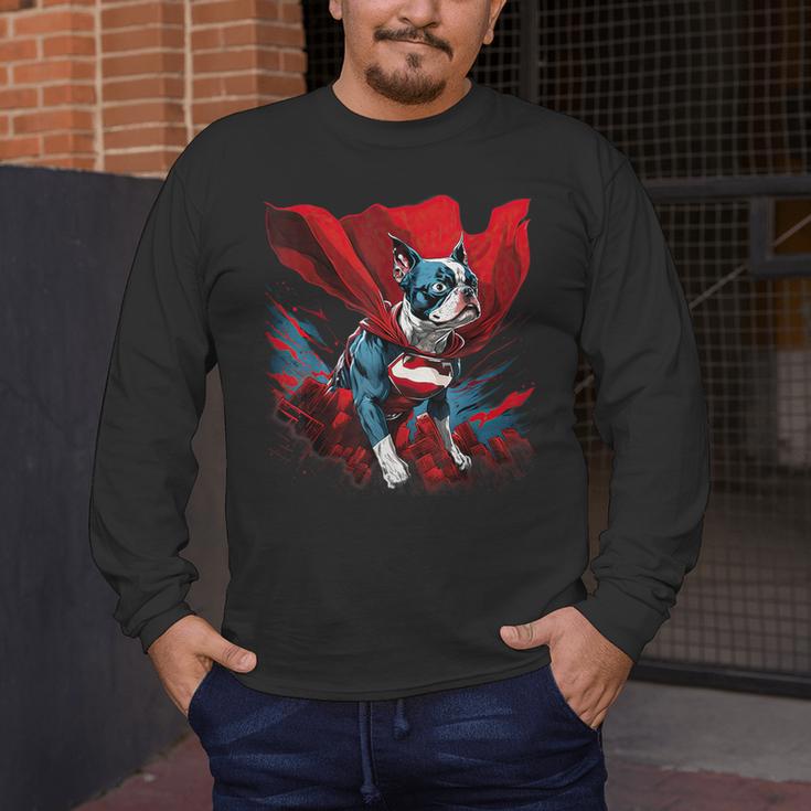 Super Power Superhero Boston Terrier Dog For Men Women Kids Men's Long Sleeve T-Shirt, funny design