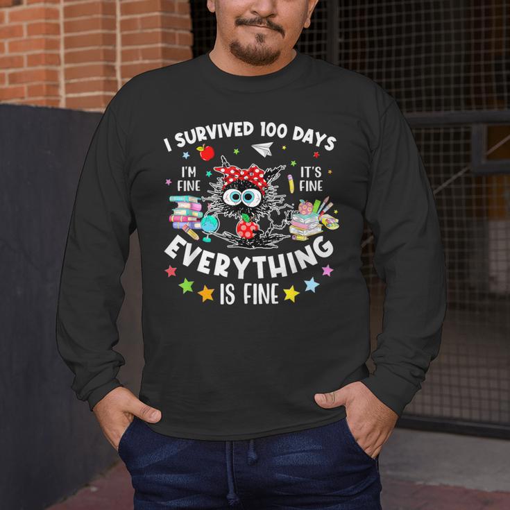 I Survived 100 Days Of School Teacher Kids Cat Lover Men's Long Sleeve T-Shirt, funny design I Survived 100 Days Of School Teacher Kids Cat Lover Men's Long Sleeve T-Shirt, funny design