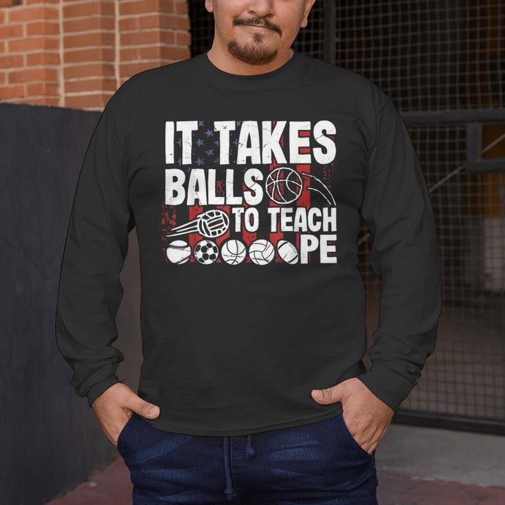 It Takes Balls To Teach Pe Teacher Chaos Coordinator US Flag Men's Long Sleeve T-Shirt, funny design It Takes Balls To Teach Pe Teacher Chaos Coordinator US Flag Men's Long Sleeve T-Shirt, funny design