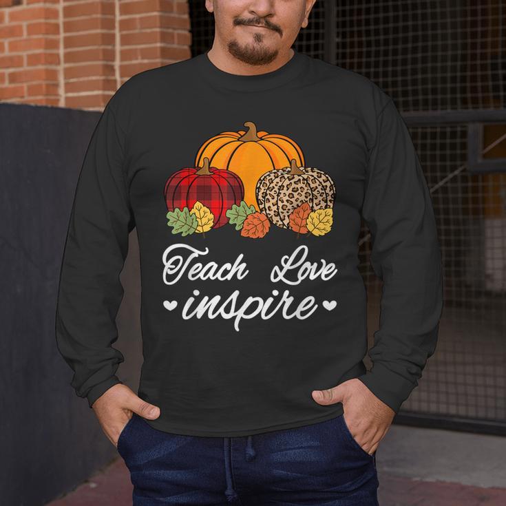 Teach Love Inspire Autumn Fall Plaid Leopard Pumpkin Teacher For Men Women Kids Men's Long Sleeve T-Shirt, funny design