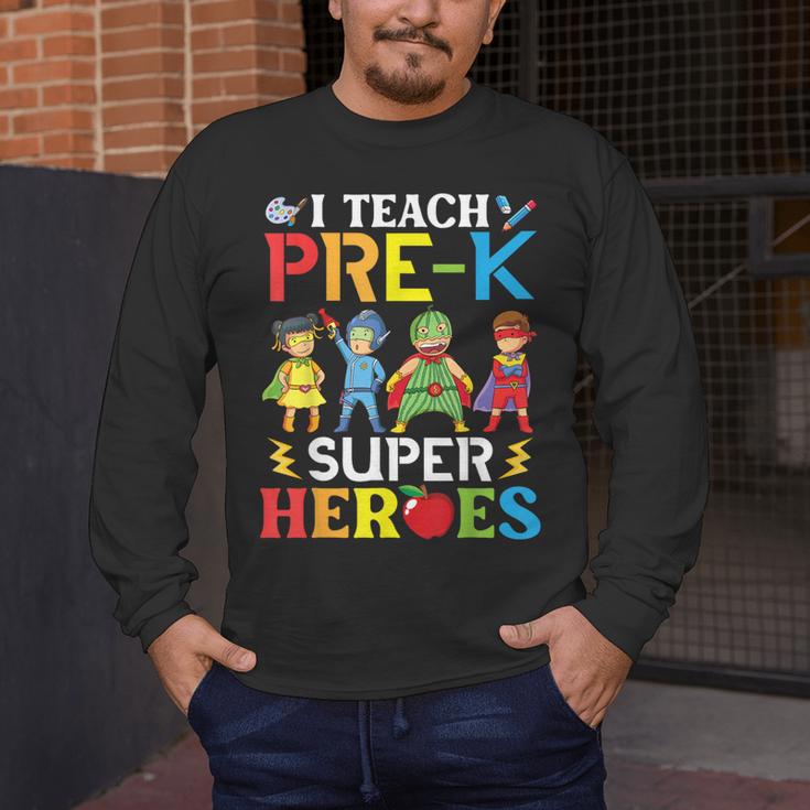 I Teach Pre-K Superheroes Students Teacher Back To School Men's Long Sleeve T-Shirt, funny design