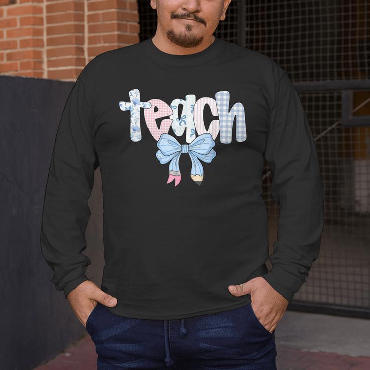 Teach Teacher Coquette Bow Pencil Back To School First Day Men's Long Sleeve T-Shirt, funny design Teach Teacher Coquette Bow Pencil Back To School First Day Men's Long Sleeve T-Shirt, funny design