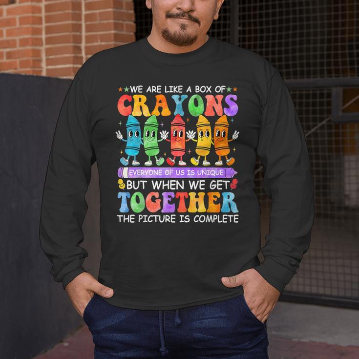 Teacher We Are Like A Box Of Crayons Back To School Men Women Kids Men's Long Sleeve T-Shirt, funny design