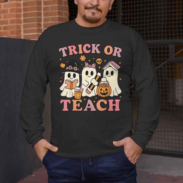 Teacher Halloween Trick Or Teach Cute Ghost Coffee Pumpkins Men's Long Sleeve T-Shirt, funny design