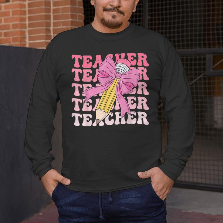 Teacher Pencil Back To School Groovy Pink Teacher First Day Men's Long Sleeve T-Shirt, funny design Teacher Pencil Back To School Groovy Pink Teacher First Day Men's Long Sleeve T-Shirt, funny design