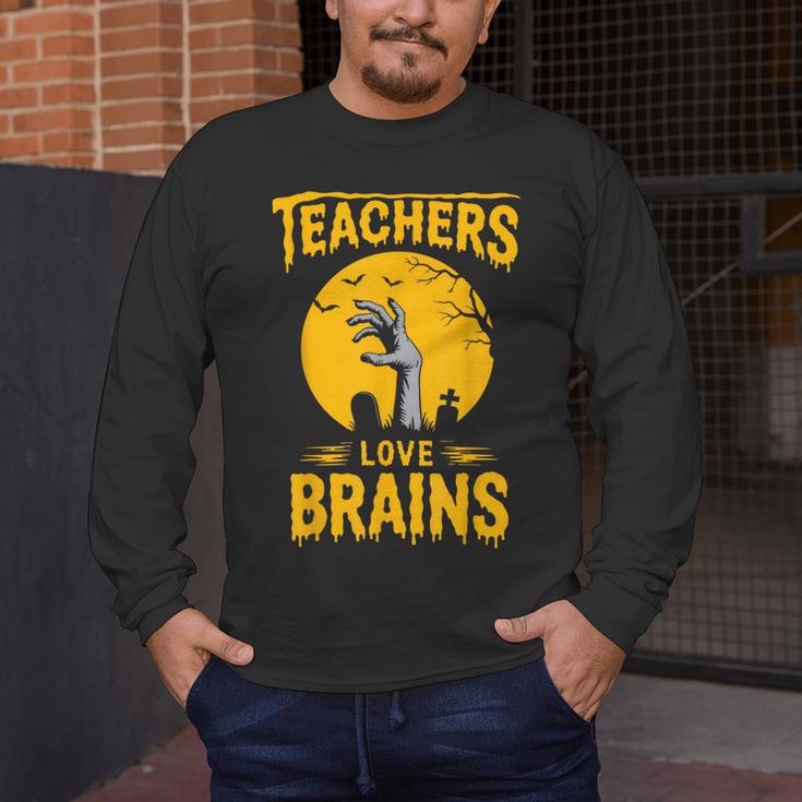 Teachers Love Brains Shirt Men Women Halloween Teacher Men's Long Sleeve T-Shirt, funny design