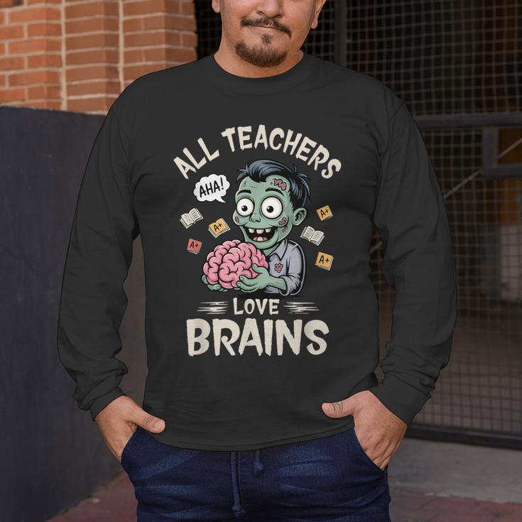 Teachers Love Brains Tee-Shirt Men Women Halloween Teacher Men's Long Sleeve T-Shirt, funny design