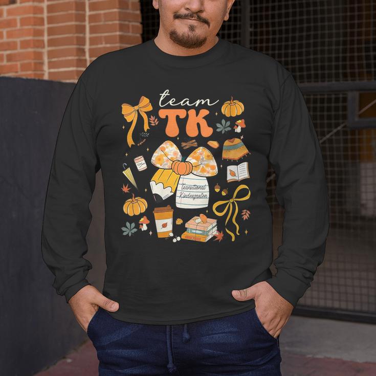 Team TK Crew Preppy Coquette Bow Pumpkin Fall TK Teacher Men's Long Sleeve T-Shirt, funny design