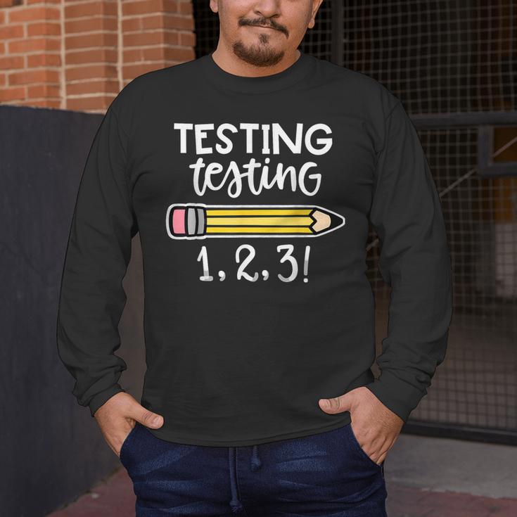 Testing Testing 123 Cute Test Day School Teacher Exam For Men Women Girls Kids Men's Long Sleeve T-Shirt, funny design Testing Testing 123 Cute Test Day School Teacher Exam For Men Women Girls Kids Men's Long Sleeve T-Shirt, funny design