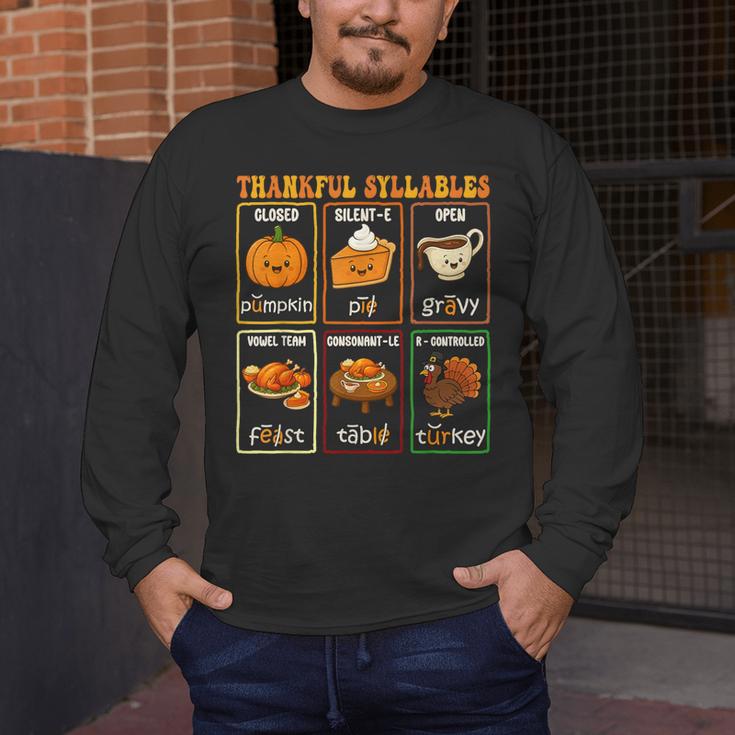 Thankful Syllables Thanksgiving Phonics Reading Teacher Fall Men's Long Sleeve T-Shirt, funny design Thankful Syllables Thanksgiving Phonics Reading Teacher Fall Men's Long Sleeve T-Shirt, funny design