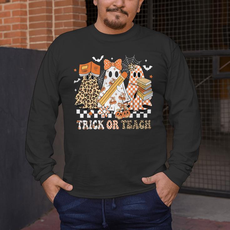 Trick Or Teach Groovy Teacher Halloween Floral Ghost Men's Long Sleeve T-Shirt, funny design