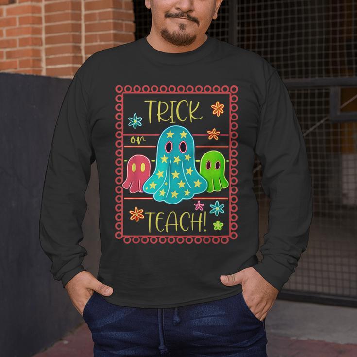 Trick Or Teach Neon Ghost Flower Teacher Spooky Halloween Men's Long Sleeve T-Shirt, funny design