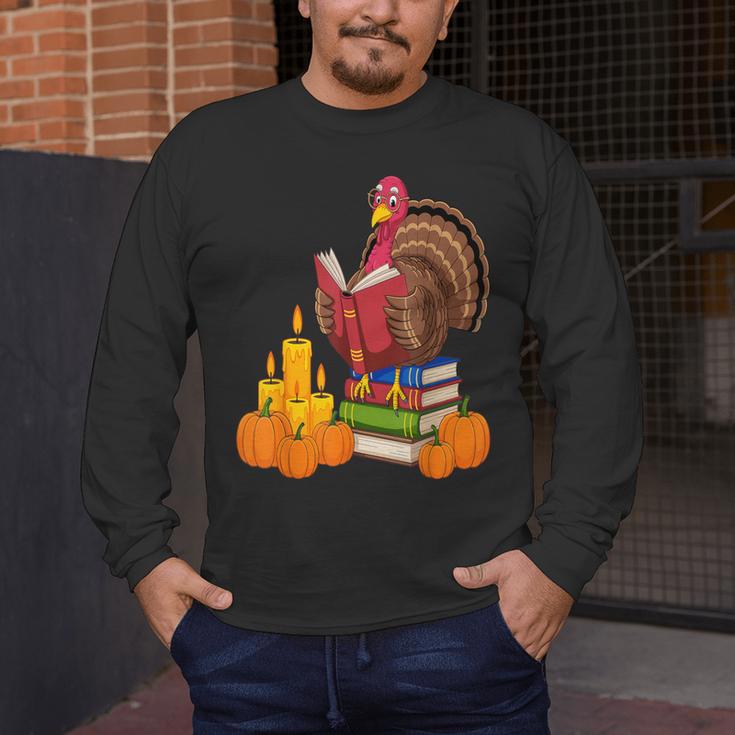 Turkey Reading Books Fall Thanksgiving Teacher Book Men's Long Sleeve T-Shirt, funny design