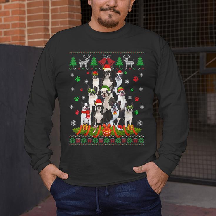 Ugly Sweater Christmas Tree Boston Terrier Dog Xmas Pajama Men's Long Sleeve T-Shirt, funny design