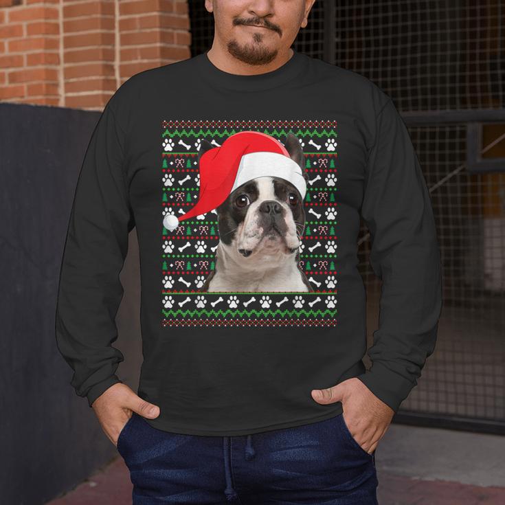 Ugly Xmas Sweater Santa Boston Terrier Dog Christmas For Men Women Kids Men's Long Sleeve T-Shirt, funny design