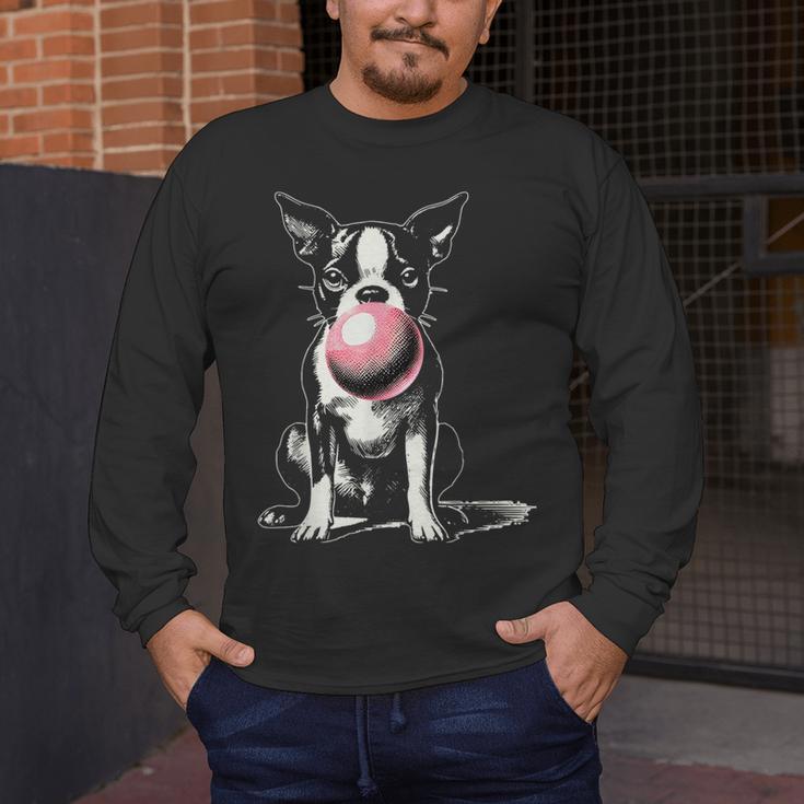 Vintage Boston Terrier Blowing Bubble Gum American Gentleman Men's Long Sleeve T-Shirt, funny design