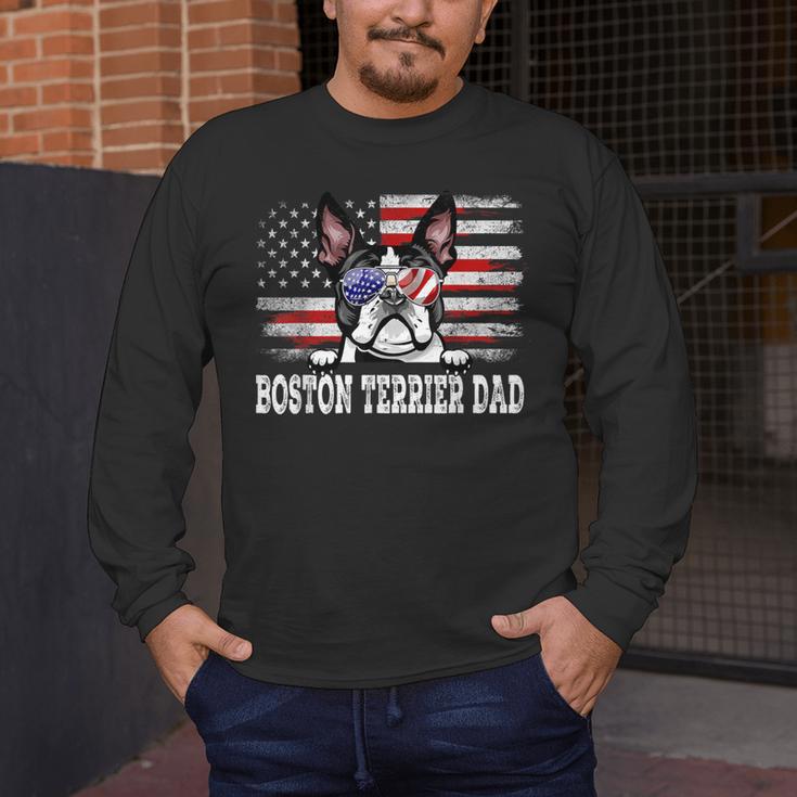 Vintage Boston Terrier Dad American Flag Father's Day Men's Long Sleeve T-Shirt, funny design