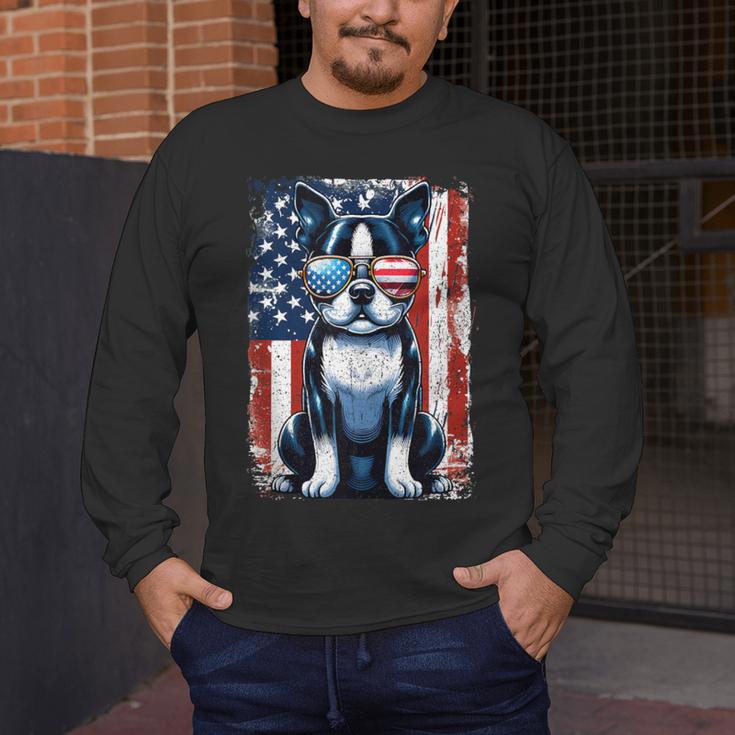 Vintage Boston Terrier Dog American USA US Flag Pets Lovers Tank Top Men's Long Sleeve T-Shirt, funny design