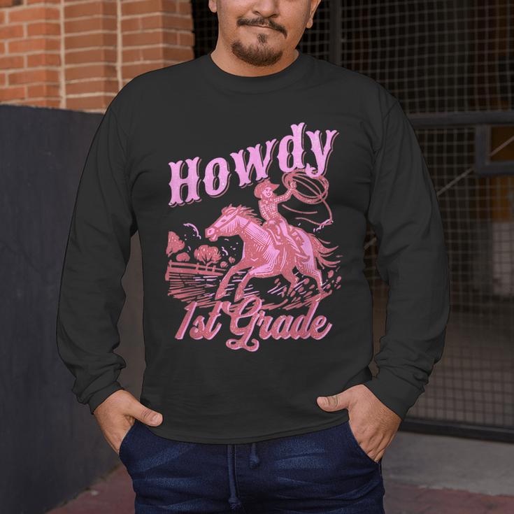 Vintage Howdy First Grade Cowgirl Teacher Western School Men's Long Sleeve T-Shirt, funny design