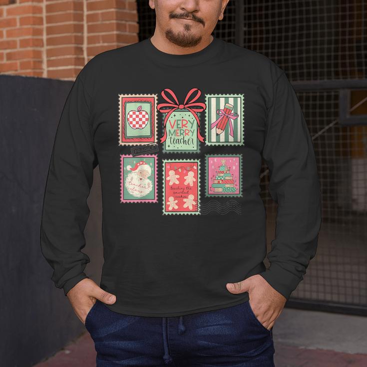 Vintage Preppy Very Merry Teacher Santa Stamps Christmas Men's Long Sleeve T-Shirt, funny design Vintage Preppy Very Merry Teacher Santa Stamps Christmas Men's Long Sleeve T-Shirt, funny design