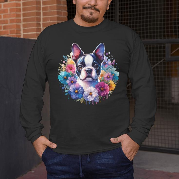 Watercolor Floral Boston Terrier Mama Dog Lover Mother's Day Men's Long Sleeve T-Shirt, funny design