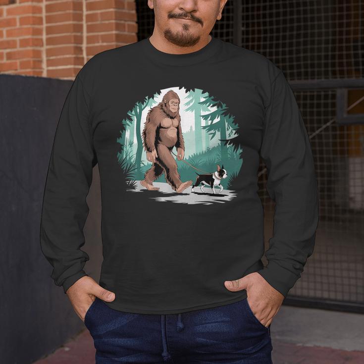Whimsical Forest Adventures Sasquatch Bigfoot Walking Boston Terrier Dog Lovers Men's Long Sleeve T-Shirt, funny design