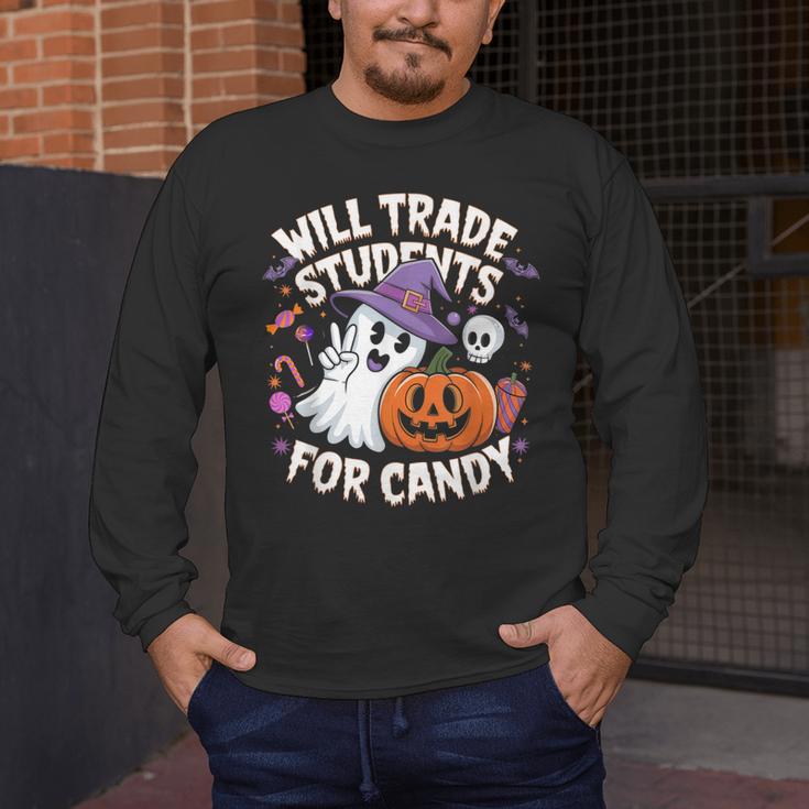Will Trade Students For Candy Halloween Teacher Men's Long Sleeve T-Shirt, funny design