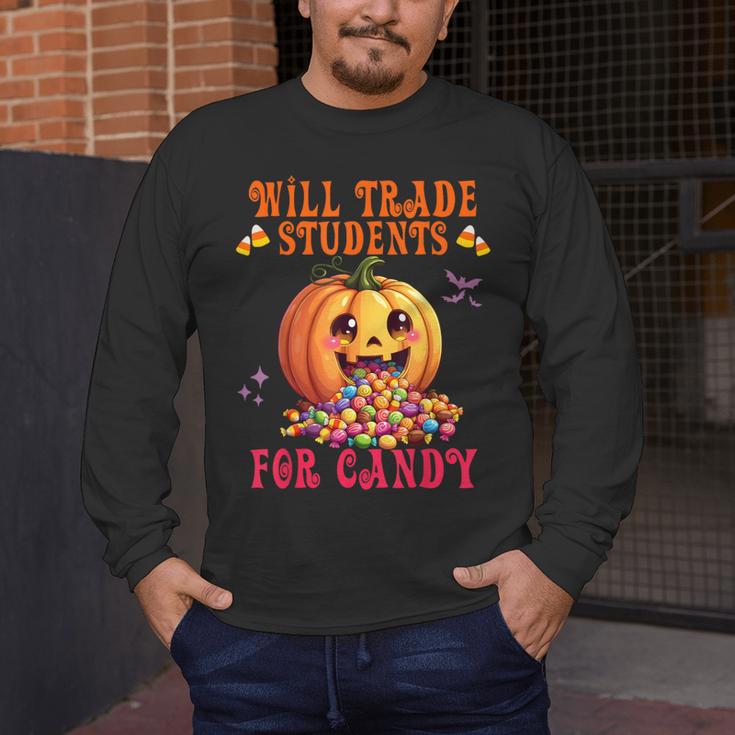 Will Trade Students For Candy Teacher Cute Halloween Pumpkin Men's Long Sleeve T-Shirt, funny design Will Trade Students For Candy Teacher Cute Halloween Pumpkin Men's Long Sleeve T-Shirt, funny design