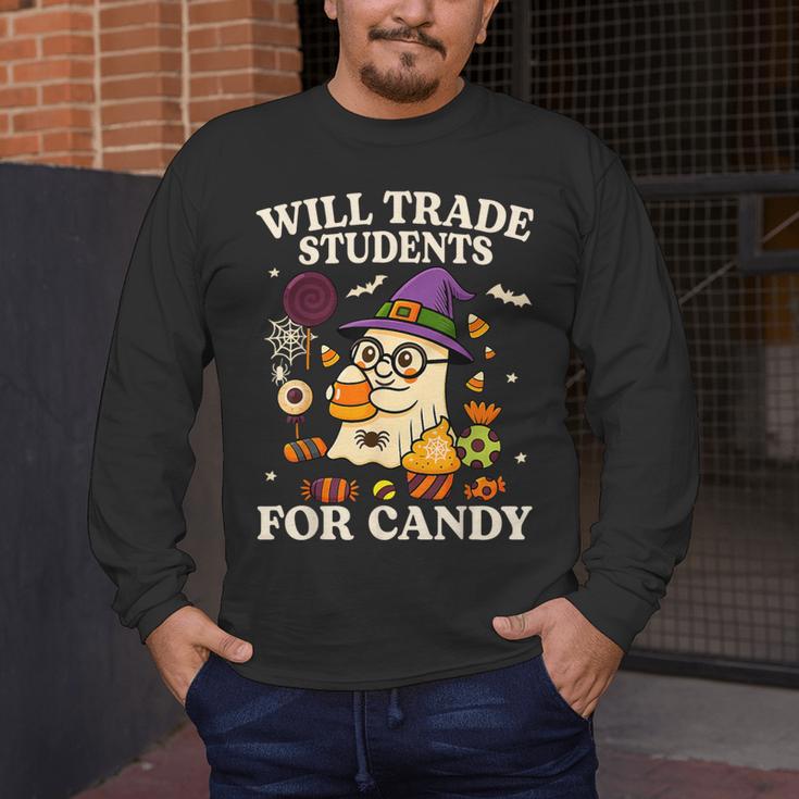 Will Trade Students For Candy Teacher Ghost Halloween Men's Long Sleeve T-Shirt, funny design Will Trade Students For Candy Teacher Ghost Halloween Men's Long Sleeve T-Shirt, funny design