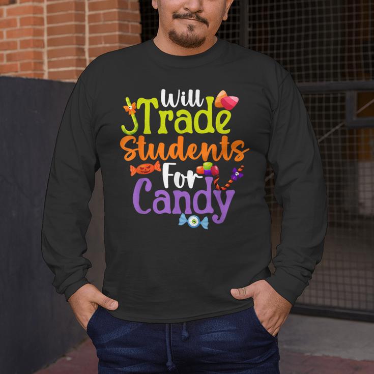 Will Trade Students For Candy Teacher Halloween Costume Men's Long Sleeve T-Shirt, funny design