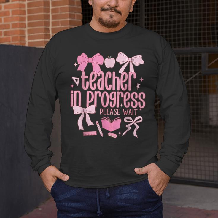 Women Teacher In Progress Coquette Pink Bow Future Teacher Men's Long Sleeve T-Shirt, funny design Women Teacher In Progress Coquette Pink Bow Future Teacher Men's Long Sleeve T-Shirt, funny design