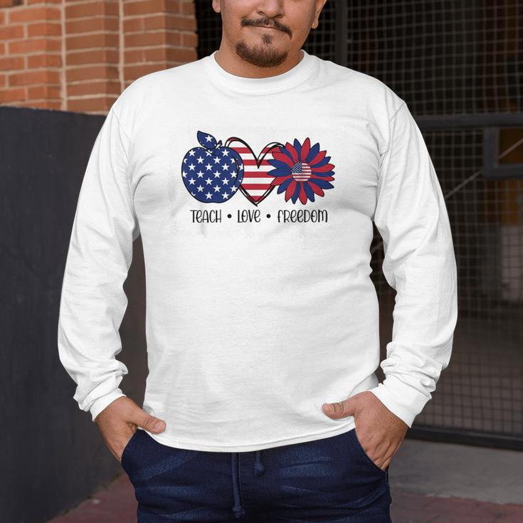 American Flag Teach Love Freedom Preschool Teacher 4th July Men's Long Sleeve T-Shirt, funny design