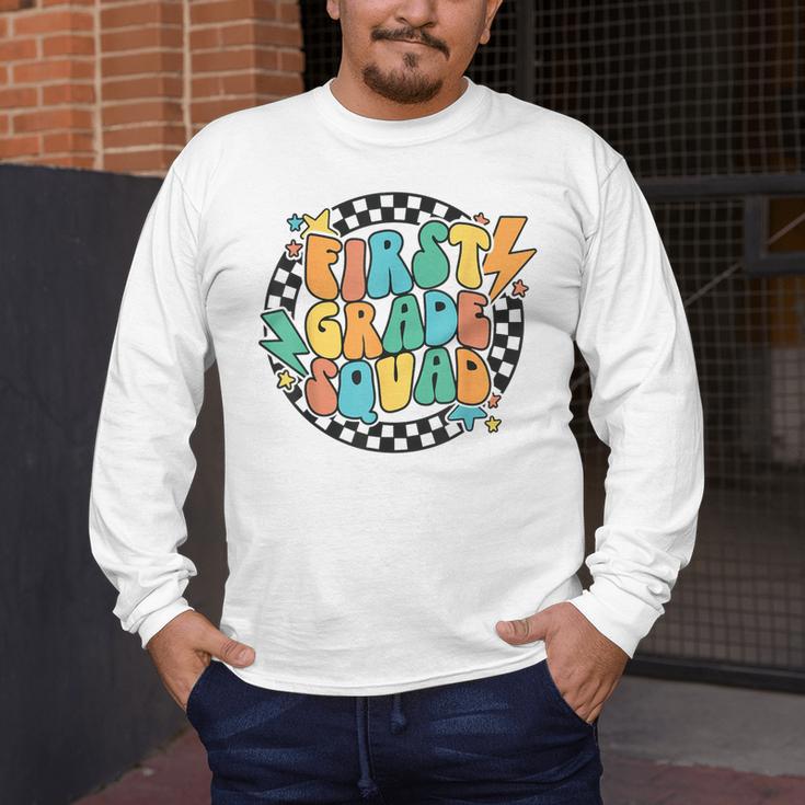 Back To School Groovy Teacher 1st First Grade Crew Squad Men's Long Sleeve T-Shirt, funny design Back To School Groovy Teacher 1st First Grade Crew Squad Men's Long Sleeve T-Shirt, funny design