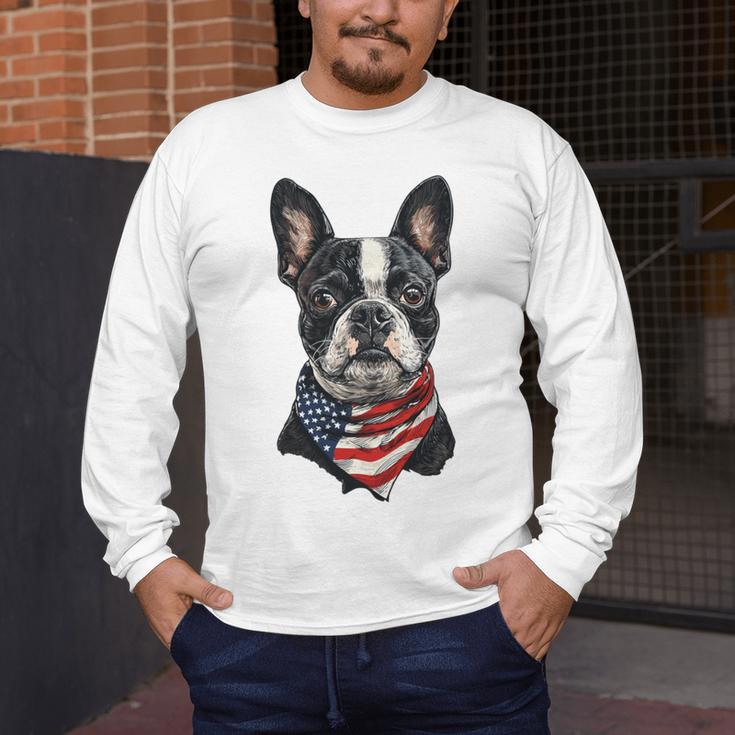 Boston Terrier American Flag Men's Long Sleeve T-Shirt, funny design