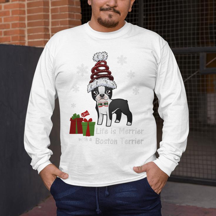 Boston Terrier Christmas T Shirt-Life Is Merrier Premium Tri-Blend Men's Long Sleeve T-Shirt, funny design