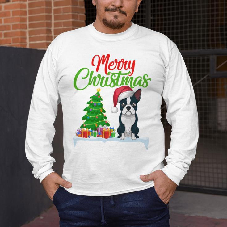 Boston Terrier Christmas Tree Lights Xmas Dog Lover Men's Long Sleeve T-Shirt, funny design