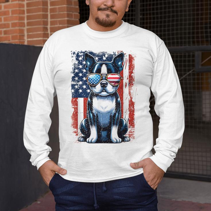 Boston Terrier Dog American USA US Flag Pets Vintage Outfit Men's Long Sleeve T-Shirt, funny design