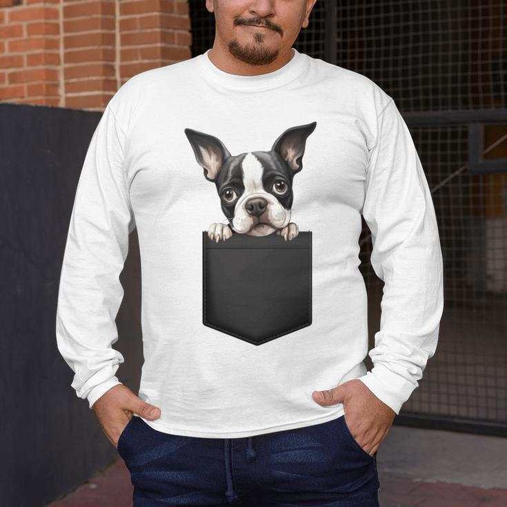 Boston Terrier Dog Puppy Dog In Pocket Cute Pet Lover Men's Long Sleeve T-Shirt, funny design