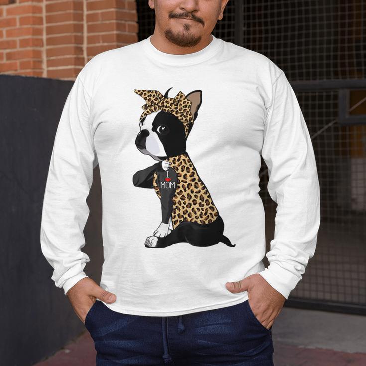 Boston Terrier Lover I Love Mom Tattoo Leopard Men's Long Sleeve T-Shirt, funny design