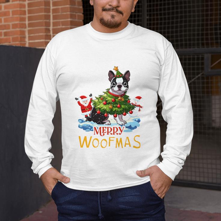 Boston Terrier Merry Christmas Tree Lights Dog X-Mas Dogs Men's Long Sleeve T-Shirt, funny design