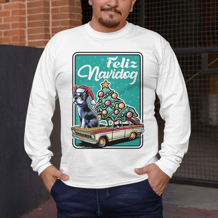 Boston Terrier Merry Christmas Tree Truck Dog X-Mas Men's Long Sleeve T-Shirt, funny design