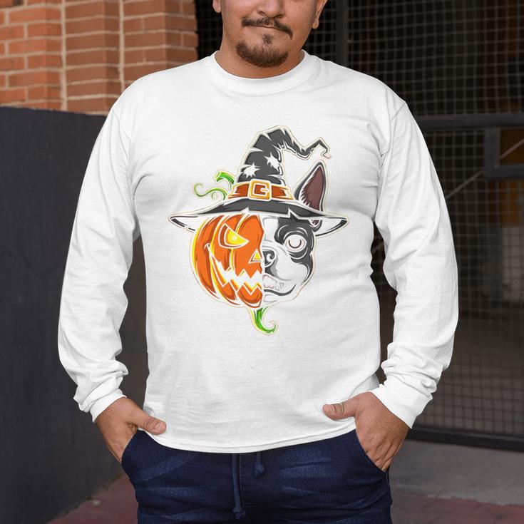 Boston Terrier Pumpkin Jack O Lantern Halloween Men's Long Sleeve T-Shirt, funny design