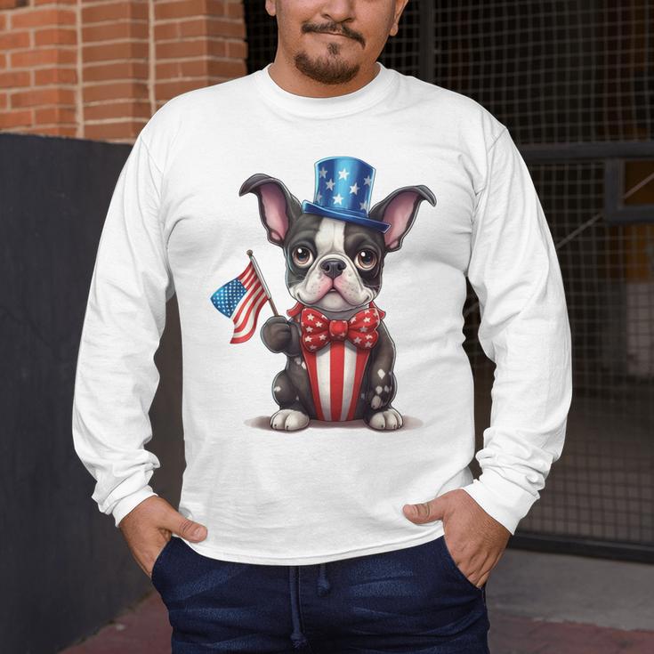 Boston Terrier Puppy Dog Holds His American Flag 4th Of July Men's Long Sleeve T-Shirt, funny design