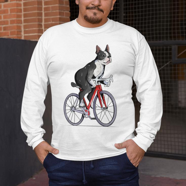 Boston Terrier Riding Bicycle Cute Bostie Biker Raglan Baseball Tee Men's Long Sleeve T-Shirt, funny design