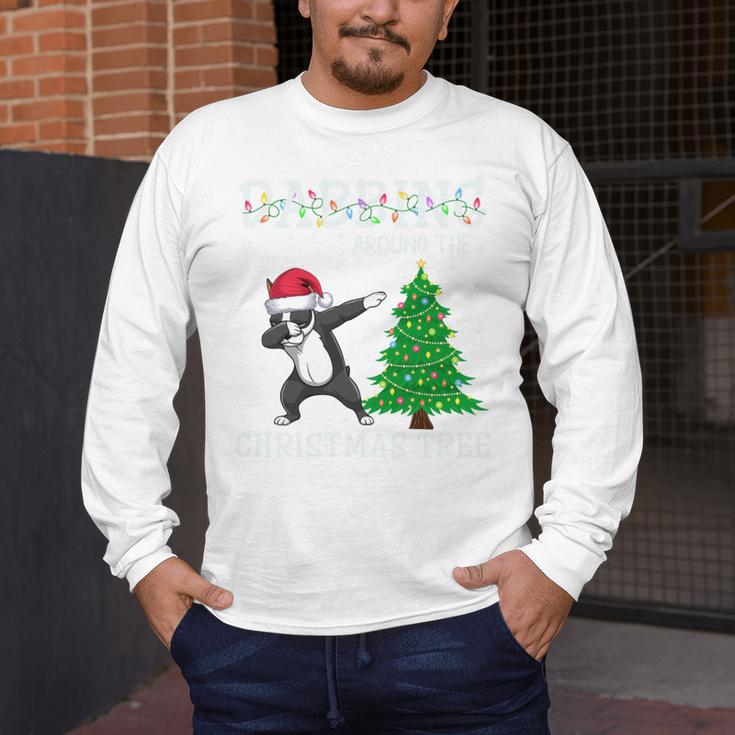 Boston Terrier Santa Hat Dabbing Around The Christmas Tree Men's Long Sleeve T-Shirt, funny design