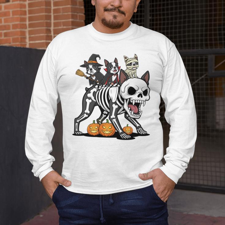 Boston Terrier Skeleton Mummy Witch Halloween Men's Long Sleeve T-Shirt, funny design