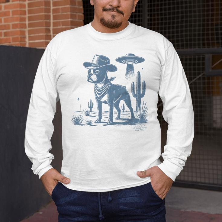 Boston Terrier UFO Cowboy Dog Dog Mom Dog Dad Alien Dog Men's Long Sleeve T-Shirt, funny design