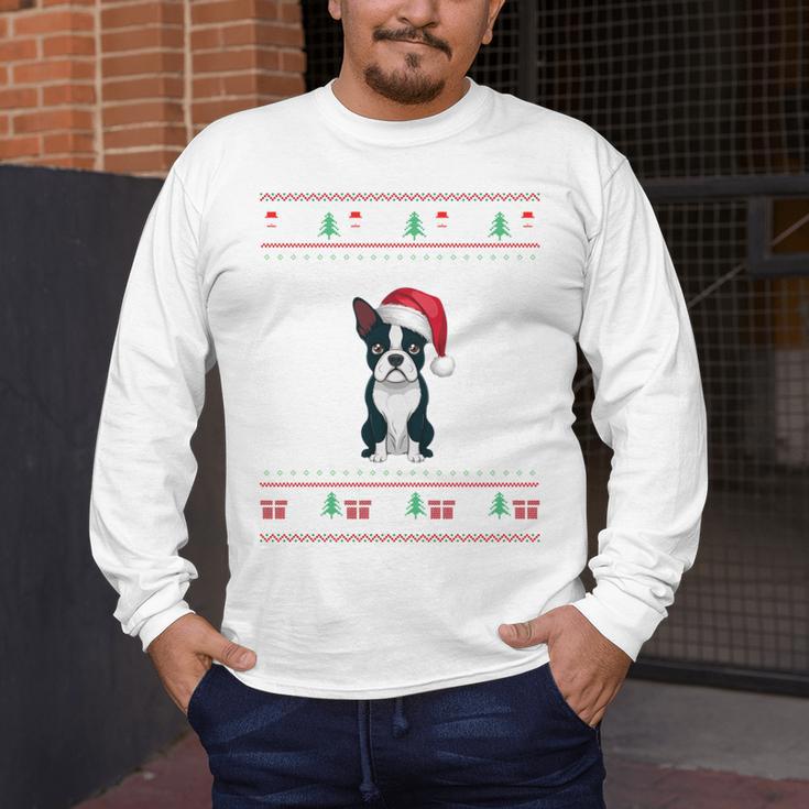 Boston Terrier Wearing Santa Hat Ugly Xmas Dog Lovers Men's Long Sleeve T-Shirt, funny design
